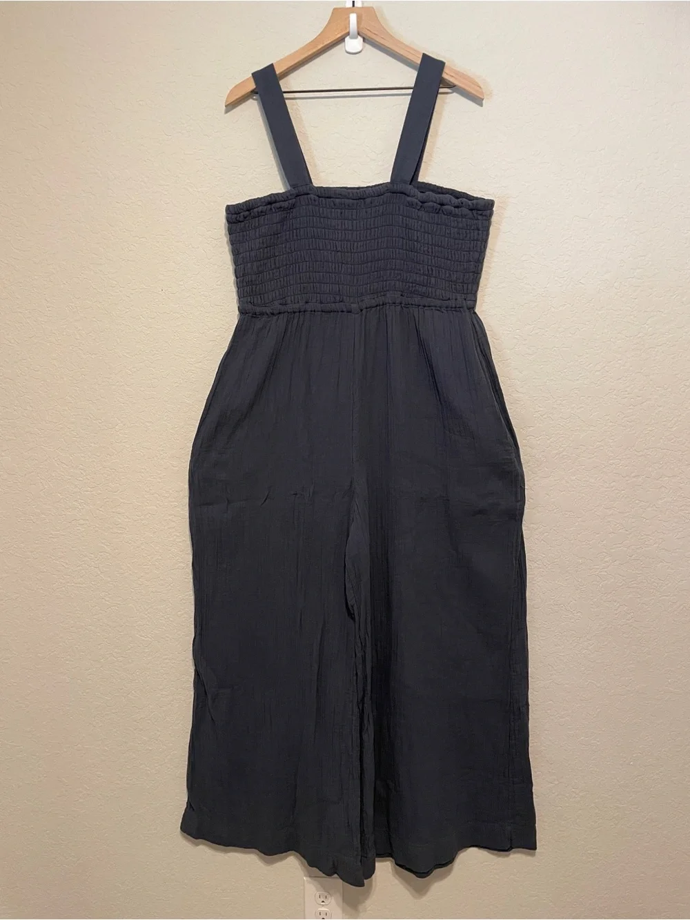 Quince Navy Wide-Leg Smocked Jumpsuit - Picture 3 of 4